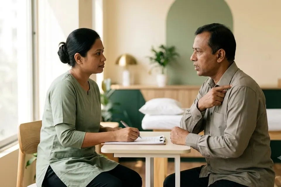 A therapist taking notes during a patient assessment